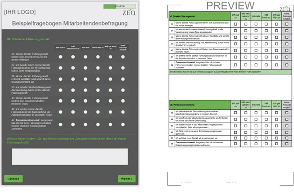 Neues Design der online stattfindenden (links) und papierbasierten (rechts) Befragung